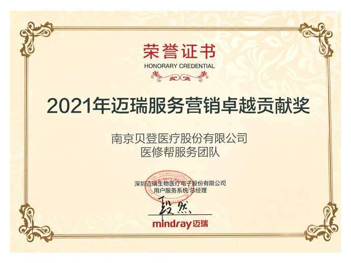 2021年迈瑞服务营销卓越贡献奖